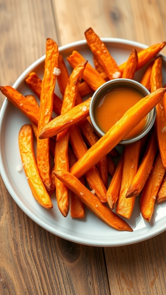 Crispy Air Fryer Sweet Potato Fries Recipe Crispy sweet potato fries on a plate with dipping sauce, garnished with salt on a wooden table.